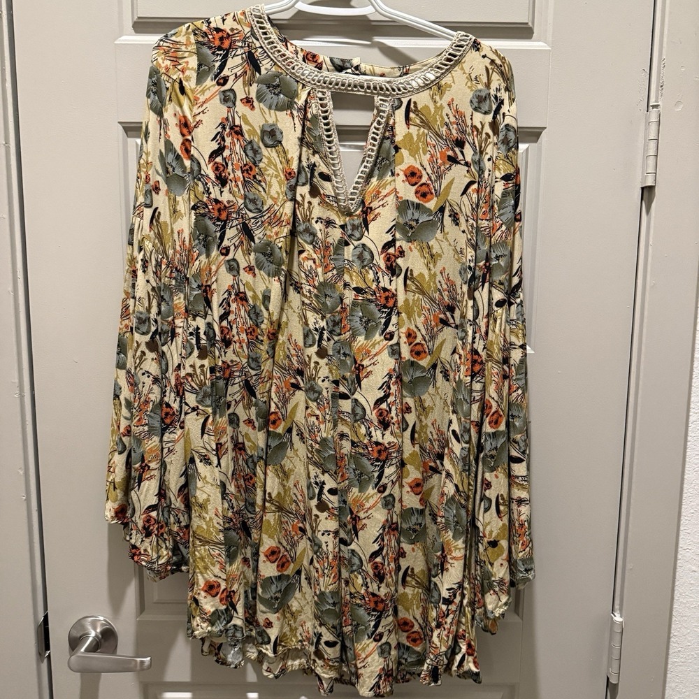 Umgee USA Boho Floral Peasant Blouse Womens Large Crochet Neck Tunic 3/4 Sleeve